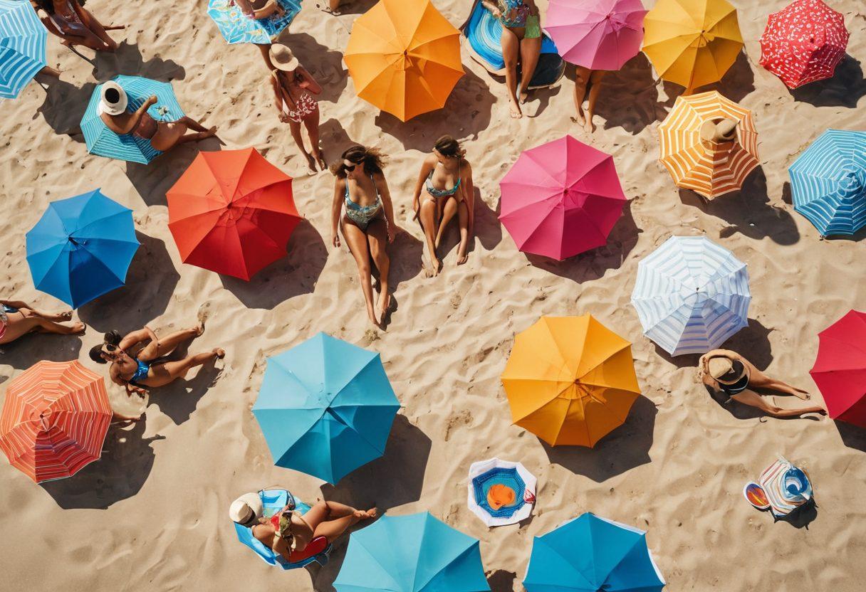 A vibrant beach scene featuring a diverse group of fashionably dressed individuals in stylish summer swimwear, showcasing a variety of tan lines and swim fashion trends. Include colorful beach umbrellas, sun hats, and accessories, all set against a bright blue ocean backdrop. Ensure the atmosphere is lively and fun, with a clear sunny sky. super-realistic. vibrant colors. beach setting.